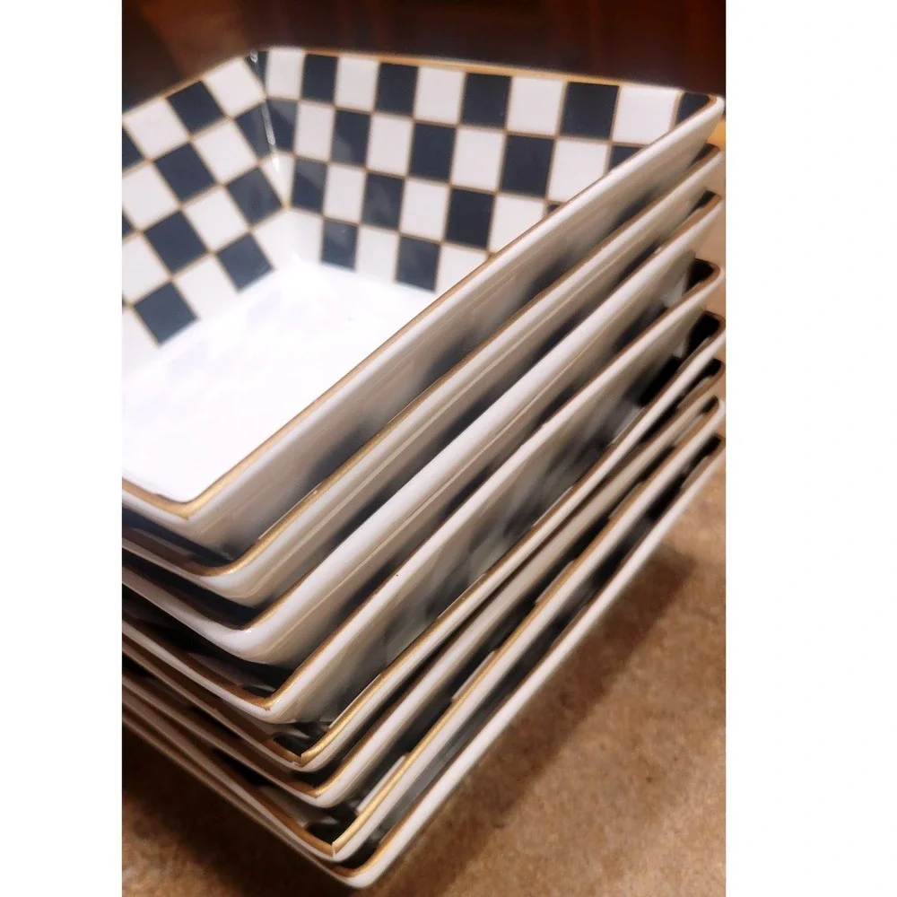 Set of 4 Square Appetizer Dessert Bowls Black White Checkerboard Gold Rimmed - Picture 2 of 4